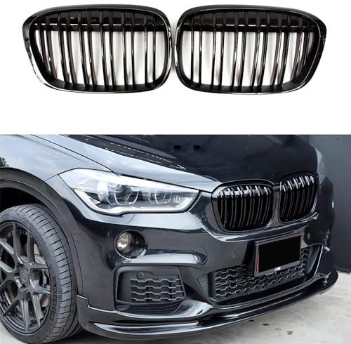 Gangying F48 Nieren Schwarz,Kühlergrille passend für BMW X1er F48 F49 2016 2017 2018 2019 Schwarzer Glanz F48 F49 Grill Kühlergrill Vorne X1 Doppelsteg Nieren