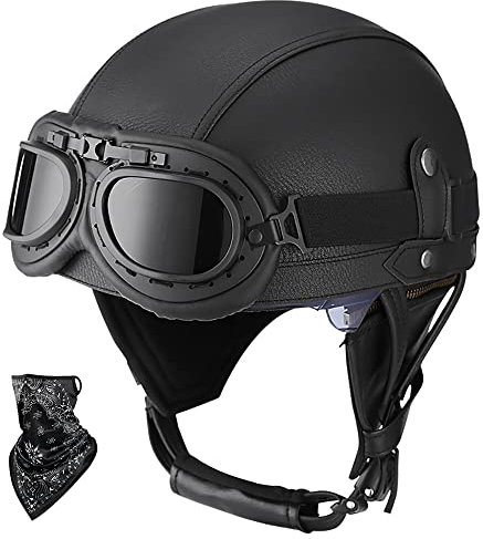 DOT/ECE Genehmigt Leder Halbschalenhelm, Retro Motorrad Halbhelm mit Brille, Schnellverschluss Schnalle, Erwachsene Halbschale Jet-Helm, Scooter-Helm, für Cruiser, Scooter(55~62CM)
