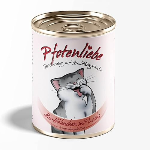 Pfotenliebe Nassfutter für Katzen, Bio-Hähnchen mit Lachsfilet, mit Qualitätsgarantie, Nierenschonende Kost, 1x400g (Dose)