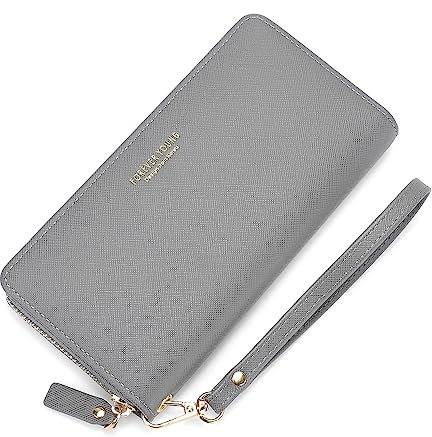 Vllcsla Portefeuille Femme Cuir Grand Format 19x10 cm, Porte Monnaie Femme Cuir Marron Noir, 8 Porte Carte Bancaire en Cuir avec Bracelet Détachable, Zip Around Wallet (Gris)