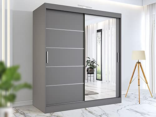 RAC3 Race to Road Stylish Bedroom Sliding Wardrobe with LED Light - Ample Storage Space and Sleek Design comes in White/Grey/Black/Oak and Width 120cm/150cm/180cm/203cm/250cm (Grey, 120cm)