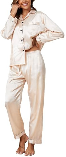 Reliwel Pigiama Donna Seta, Pigiama Donna a Maniche Lunghe, 2 Pezzi Pigiami da Donna Inraso con Bottoni Aperto Davanti, Morbidissimo, con Bottoni e Borse Laterali