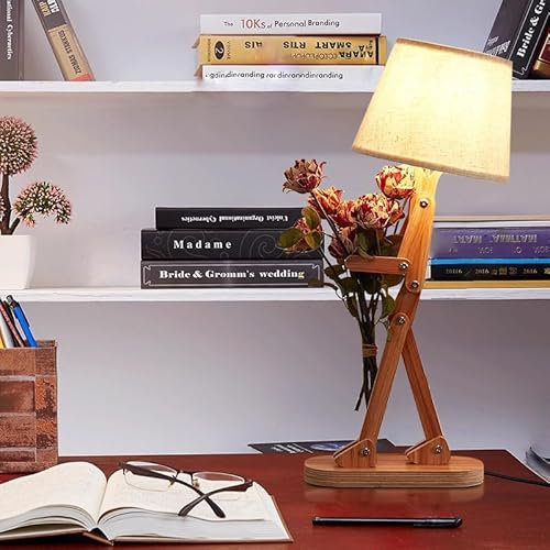 ELINKUME LED Tischlampe für Kinder Schlafzimmer Lesen mit Leinen Lampenschirm,Holz Swing Arm LED Schreibtischlampe für Home Decoration,Studie und Arbeitsbeleuchtung,Kreative Geschenke
