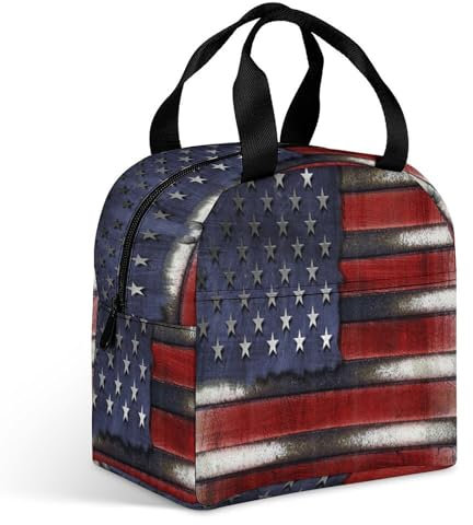Lonchera retro con la bandera de Estados Unidos para mujer, con bolsillo grande, aislada, para hombres, viajes, picnic, trabajo, divertida