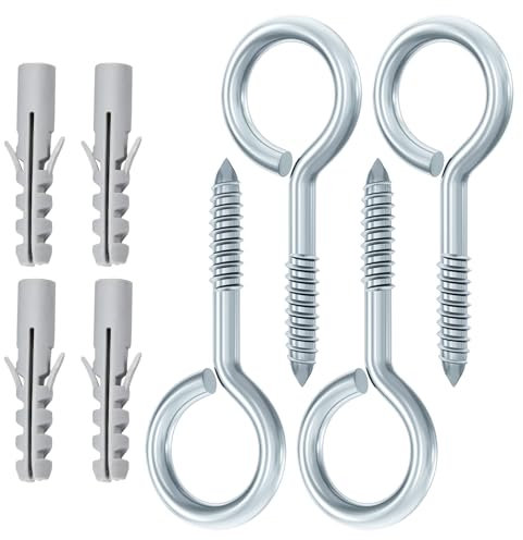 4Pcs Heavy Duty Screw Eyes 5 Inch Hook With 4 Plastic Wall Plugs for Securing Hammock, Garden Plant, Swing Chair, Kayak, Fixed Cable - Outdoor Metal Eyelet