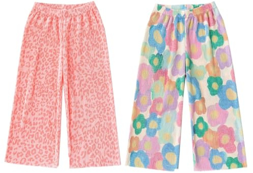 AOOPOO 2er Pack Sommerhose Mädchen Hosen Weites Bein Plissee Gr. 104/110/116/122/134/140/146 Kinder Culotte Mädchen Sommer Leichte Atmungsaktiv Lange Hosen Dünn Jogginghose Lässige Hose Lose Hosen