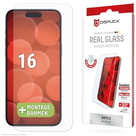 Displex Schutzglas 2D/ Clear (10H) für Apple iPhone 15/15 Pro/16, Eco-Montagerahmen, Tempered Glas, kratzer-resistente Schutzfolie, hüllenfreundlich(Real Glass 2D Schutzglas)
