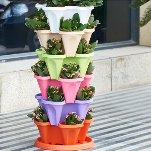 Générique Vertical Jardin Tour Planteur de Fraise Empilable Tour à Fleurs Multicouche Combinaison Verticale Planteur d'herbes à Quatre pétales Pot de Fleur en Plastique avec Plateau,G,5pcs