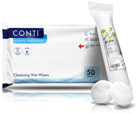 CONTI Hands & Face Wet Wipes Washcloth Patient Care Cleansing Wipes 29.5cm x 22cm (50 Wipes Per Pack | Lightly Fragranced Formula) Includes RE-GEN Cotton Wool Pads (50 Count - Pack of 24)