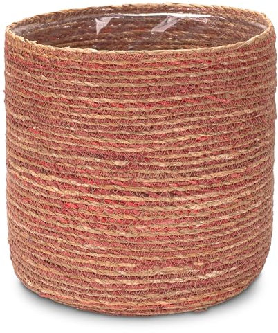 Decorasian Seegras Blumentopf – Übertopf geflochten – dekorativer Planzenkorb mit Folieneinsatz im Boho Stil - Natur/pink, 30cm