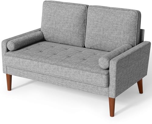 Vesgantti Sofa 2-Sitzer, 121 cm Modernes Couch 2 Sitzer mit 2 Wurfkissen, Kleine Stoffcouch mit Armlehne, Knöpfe Sitzkissen Gästesofa für Wohnzimmer/Wohnung/Büro, Lichtgrau