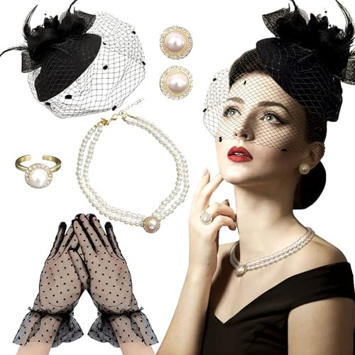 BACH AND BOUJEE Schwarzer Tea Party Hut Handschuhe Frauen Fascinators Hüte Handschuhe Perlen Ohrringe Halskette Choker für Bridal Shower Hochzeit Geburtstag Tea Party