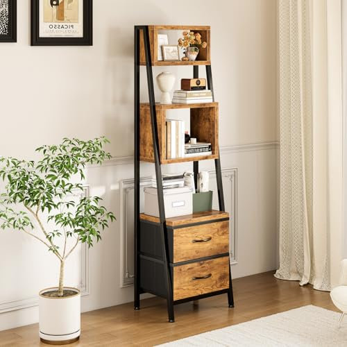 Coleshome Bücherregal, Regal Schmal mit 5 Regalen, mit 2 Stoffschubladen, Bücherregal Klein Geeignet für Schlafzimmer, Büro, Wohnzimmer, Küche, 39 x 28.5 x 157cm, Retro-Farbe