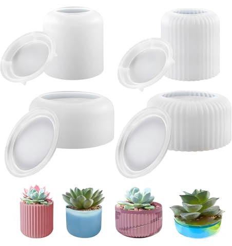 Gießformen Silikon, 4 Stück Blumentopf Beton Form, Gießform Kerzenhalter Rund mit Deckel, Silikonform für Sukkulente Resin Form, Gestreifte Vase Silikonform für Garten, Küche, Heimdekoration