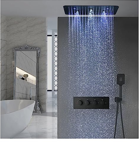Pannello doccia, Sistemi doccia a pioggia Soffione doccia a LED, miscelatore vasca con valvola termostatica, set doccia a soffitto incorporato in acciaio inossidabile(Set)