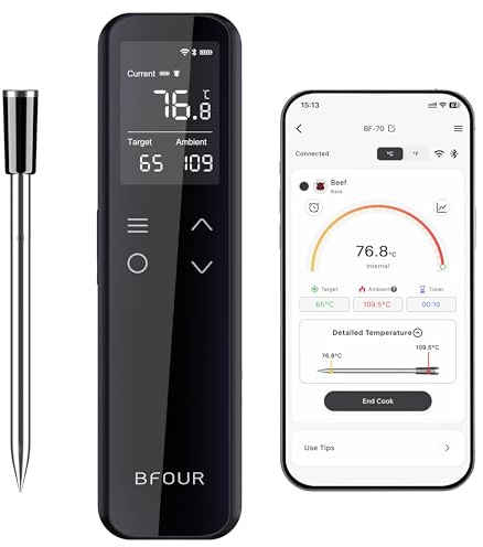 BFOUR WiFi Bluetooth Grillthermometer,Fleischthermometer mit 6 Sensoren,2600mAh Akku,IP67 Wasserdicht,App-Steuerung,Bratenthermometer Für Smoker, Grill, Ofen & Küche