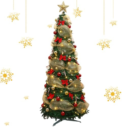 Albero di Natale pieghevole, albero di Natale pop-up con luci, albero di Natale artificiale retrattile con nastro, fiocchi, per decorazioni per feste di Natale (New-1.2M)