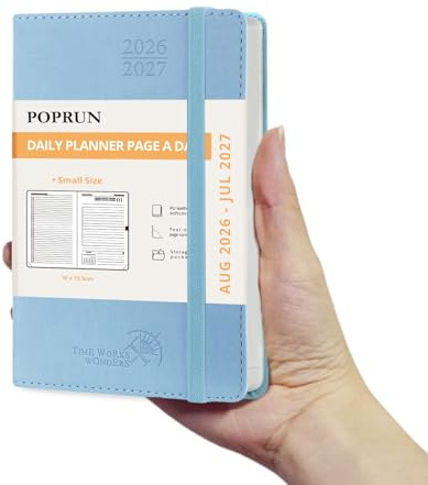 POPRUN Tagesplaner 2026 2027 ca.A6(10 x 15,5cm) Softcover mit PU-Leder | (Aug.2026-Jul.2027),Tageskalender 1 Tag 1 Seite,(Montag-Sonntag),Terminplaner(Blau)