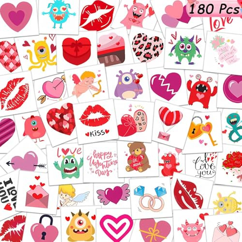 180Pcs Valentines Temporary Tattoos - Individually Wrapped Heart Tattoo Stickers Weddings Engagement Birthday Party Decorations Bag Fillers Crafts Supplies Exchange Favors