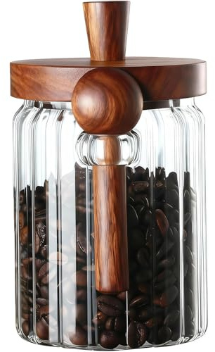 Vesavifaka Coffee Canister, Coffee Container with Wooden Spoon and Lid, Ribbed Design, Airtight Storage Jar for Coffee Beans/Coffee Grounds/Sugar/Salt/Loose Leaf Tea, 20 Oz