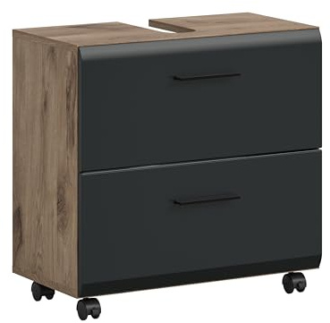 xonox.home – Waschbeckenunterschrank auf Rollen Ice 60x58x30 cm in Nox Oak & schwarz matt – Badschrank mit 2 Schubkästen – Viel Stauraum, markantes Design