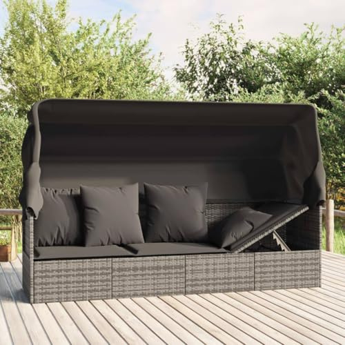 IKAYAA Gartensofa mit Liegefunktion Gartensofa mit Sonnendach Loungebett Outdoor Rattan Sofa 3 Sitzer BalkonSofa Gartenbett-Grau
