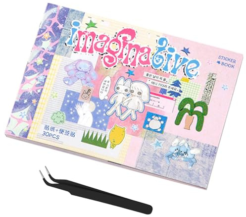 PLUSHCEWT Süßen Aesthetic Stickerbuch mit Zange, Kawaii Sticker book, Lila | Stickerbuch Erwachsene mit 30 Blätte scrapbook Stickers für DIY Journaling Scrapbooking Handyhülle Laptop Dekoration