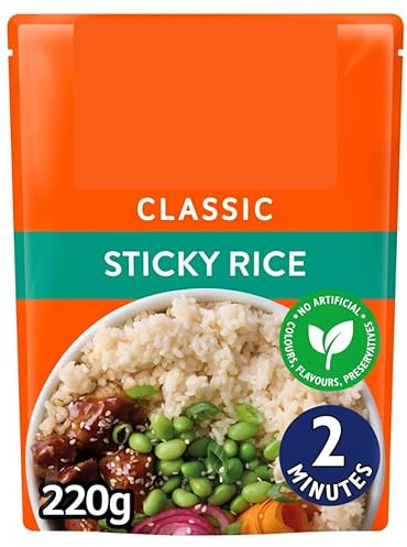 Sticky Rice Microwave Ready Meal, 220g, Short Grain, Two Servings, No Artificial Colours or Preservatives, Vegetarian, Ready in 2 Minutes