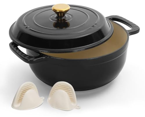 ROVSON Enamelled Cast Iron Dutch Oven, Casserole Dish with Lid and Silicone Gloves, Oven Safe Pot for Bread Baking, Braising and Stews (Glossy Black, 5QT)