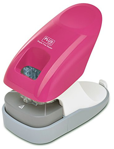 PLUS, Klammerloser Hefter Schreibtischmodell, Heftleistung 10 Blatt, mit Anschlagschiene, Heft- und Lochfunktion, Pink