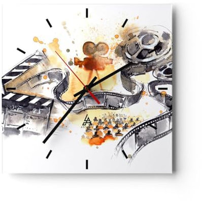 Modern Wanduhr Film Projektor Illustration 30x30cm Quadrat Klein Wand Uhr Glas Analog Zimmeruhren Küche Büro Wohnzimmer Glasuhr Wall Clock Dekoration Design Wanddekoration Küchenuhr C3AC30x30-3017