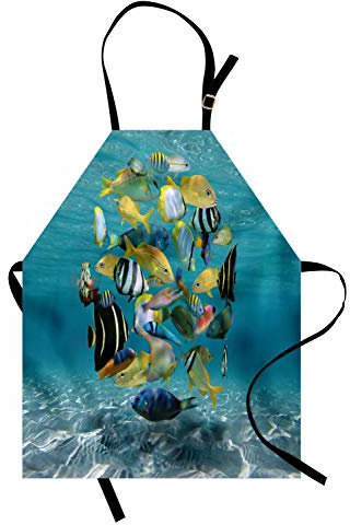 ABAKUHAUS Fisch Kochschürze, Masse der Fische, die einen Kreis über einem Sandy-Meeresgrund im klaren Wasser-karibischen Ozean bilden, Höhenverstellbar Klare Farben ohne verblassen, Blau Gelb
