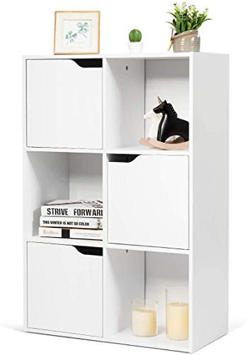 COSTWAY 6/9 Cube Storage Cabinet with 3/6 Cupboard Doors, Modern Wood Bookcase Sideboard Locker, Multi Compartment Organiser Display Shelf (White, 60x29x90cm)