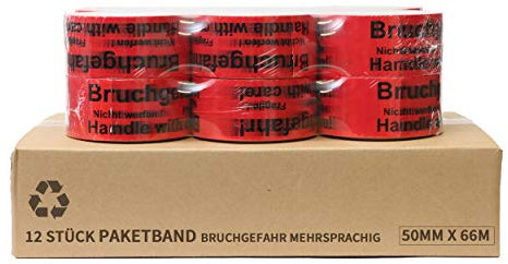 TK THERMALKING Klebeband - Packband - Paketband mit Hinweis auf Tape (Bruchgefahr - Achtung nicht werfen - Vorsicht zerbrechlich Glas - handle with care – Fragile) (12)