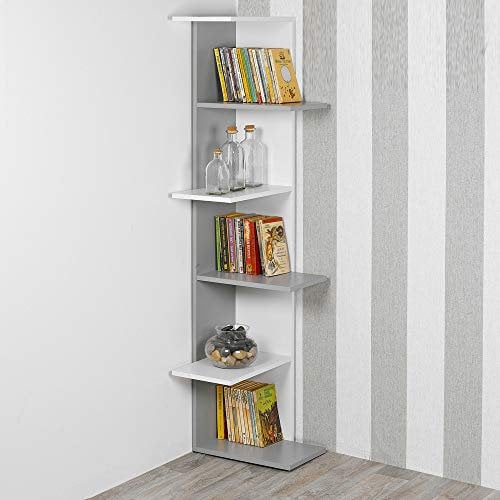 URBNLIVING Wooden Modern Free Standing Display Corner Bookcase (White+Grey, 5 Tier)