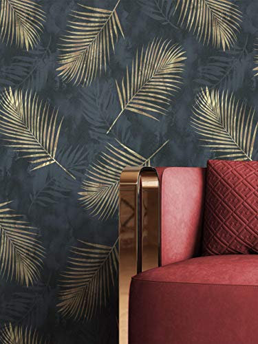NEWROOM Papier peint Noir Feuille Intissé - Floral Or Jungle Botanique Tropical