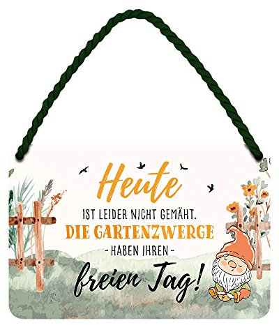 Die Gartenzwerge haben ihren freien Tag - witziges Metallschild mit Kordel und Saugnapf - lustiges Retro Deko Hängeschild - Dekoration für Balkon Terrasse Garten Schrebergarten Haustür - 18x12cm