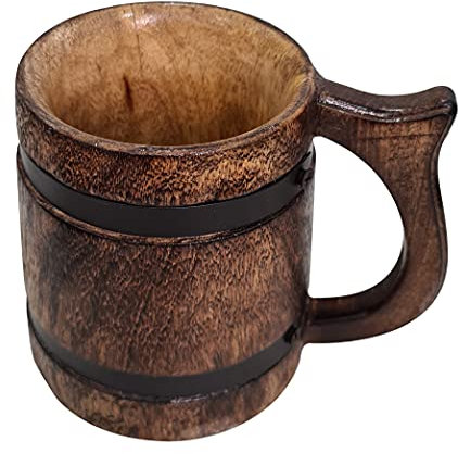 Chope à bière en bois marron antique fabriquée à la main avec sangle en métal