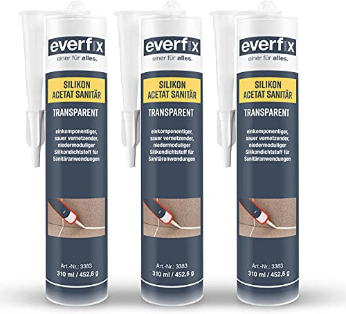 EVERFIX Sanitär Silikon Acetat transparent (310 ml, 3 Stück) für Bad, Dusche und Küche zum Abdichten und Verfugen für außen und innen, schimmelresistent, pilzhemmend, wasserdicht