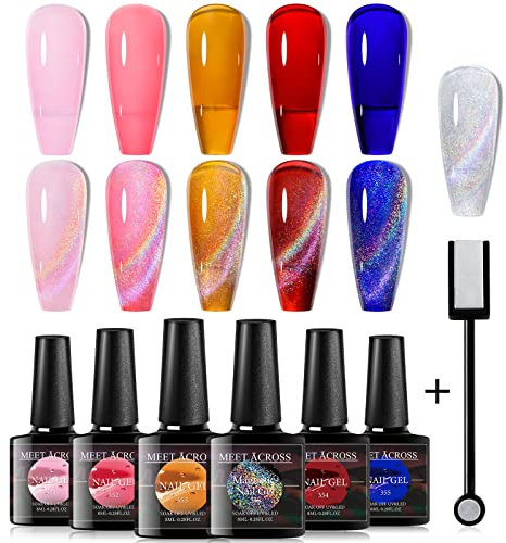 MEET ACROSS Cat Eye UV Gel Nagellack 8ml Regenbogen Cateye UV Gel 9D Cateye Magnet Nagellack Chamäleon Katzenaugen Gel für Nageldesign DIY Nail Art Maniküre Salon