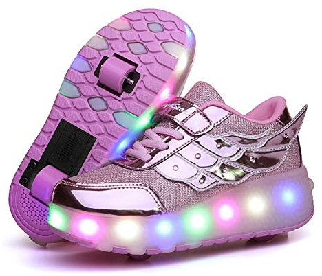 Aizeroth USB Ricarica LED Luci Brillantini Skateboard Scarpe Sportive con Rotelle Retrattile Sneakers Outdoor Multisport Luminose Running Calzature da Ginnastica per Bambini Ragazze e Ragazzi
