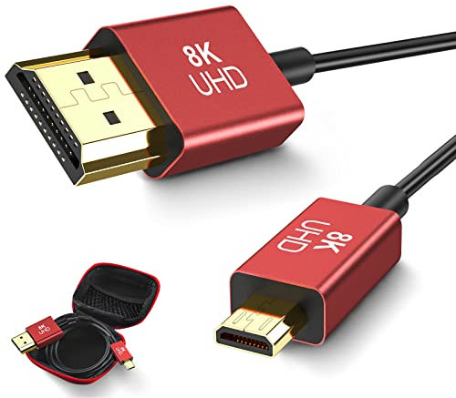 Câble Micro HDMI vers HDMI 8K, Ultra Thin Micro HDMI Cable, 8K@60Hz, 4K@120Hz, 48Gbps, 3D Flexible Hyper Slim HDMI 2.1 Câble Compatible pour Hero 7 6 5, Gimbal, Camera, Stabilizer, Φ2.4mm, 2FT/0.6M