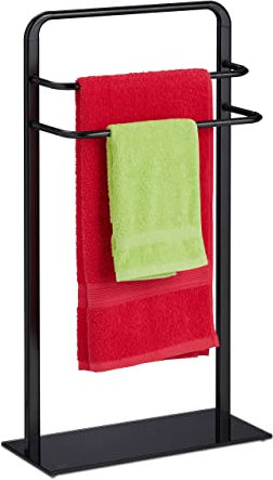 Relaxdays Handtuchständer, 3 Stangen, HBT: 79 x 45 x 20 cm, Badezimmer, Handtuchhalter stehend, Stahl & Glas, schwarz