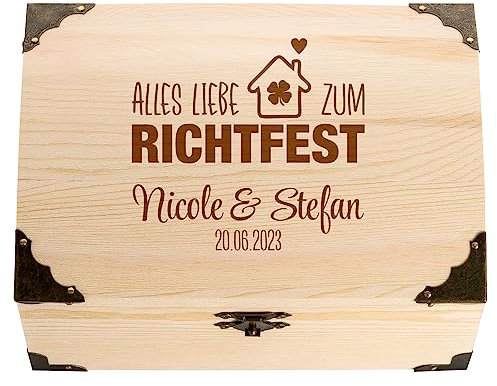 4youDesign Schatztruhe mit Gravur – Alles Liebe zum Einzug/Richtfest – personalisiertes Geldgeschenk mit Namen & Datum – Erinnerungsbox (Richtfest)