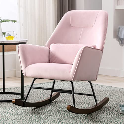 Fauteuil à Bascule en Velours Rembourré avec Support Lombaire, Conception de Protège-Cou, Fauteuil Allaitement à Structure en Métal, Chaise a Bascule pour Salon, Balcon, Chambre d'enfant, Rose