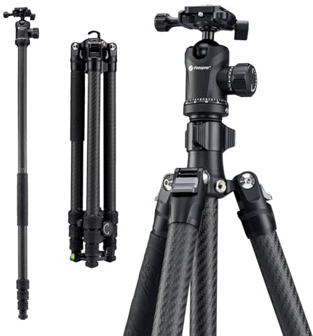 Fotopro Trípode de fibra de carbono de 64 pulgadas, cabeza de bola de 360 grados, placa de liberación rápida, trípode de cámara compatible con videocámara Canon Nikon Sony DSLR, color negro