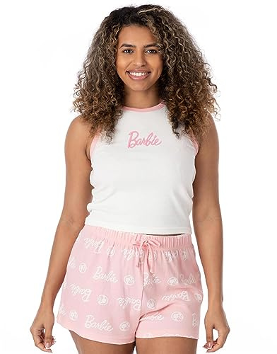 Barbie Ladies Pyjama Set | Ribbed White Vest With Pink All Over Print Elasticated Shorts For Women | Fashion Doll Classic Logo Graphic Sleepwear | Nightwear Pyjama Merchandise for Adults