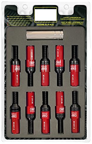OMP SPEED Set 20 schwarze Radschrauben mit M14X1,5 metrisch 17-19 langem Gewindeschlüssel 28MM mit rotem Aluminiumschutz 7075 + DIN 12,9
