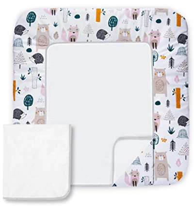 Balbina Wickeltischauflage Baumwolle, Waschbare Unterlage zum Wickeln, Wickelauflage mit Austauschbarem Frotteebezug, Widerstandsfähig & Robust, 75 x 85 cm, Wald Beige