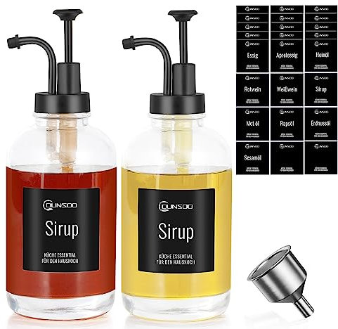 DUNSOO Kaffee Sirup Spender Set | 2 x 500 ml Sirup Pumpspender mit 24 Aufkleber,1Trichter aus Rostfreiem Stahl | Ölflasche mit Ausgießer für Küche (Black/500ml)